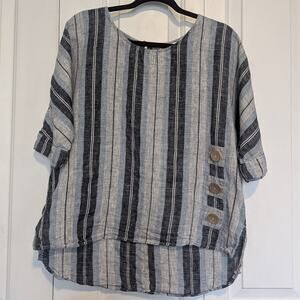 FOIL Clothing 100% Linen Blue Grey Striped Side Button Accent Tunic Top Size 6